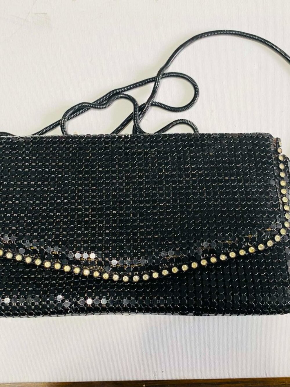 Vintage Black Metal Mesh Rhinestone Crossbody Evening Bag Retro Chic Purse
